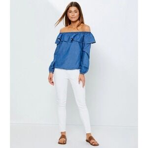 Michael Kors Off Shoulder‎ Ruffle Long Sleeve Top Chambray Blue Size PS NWT $98